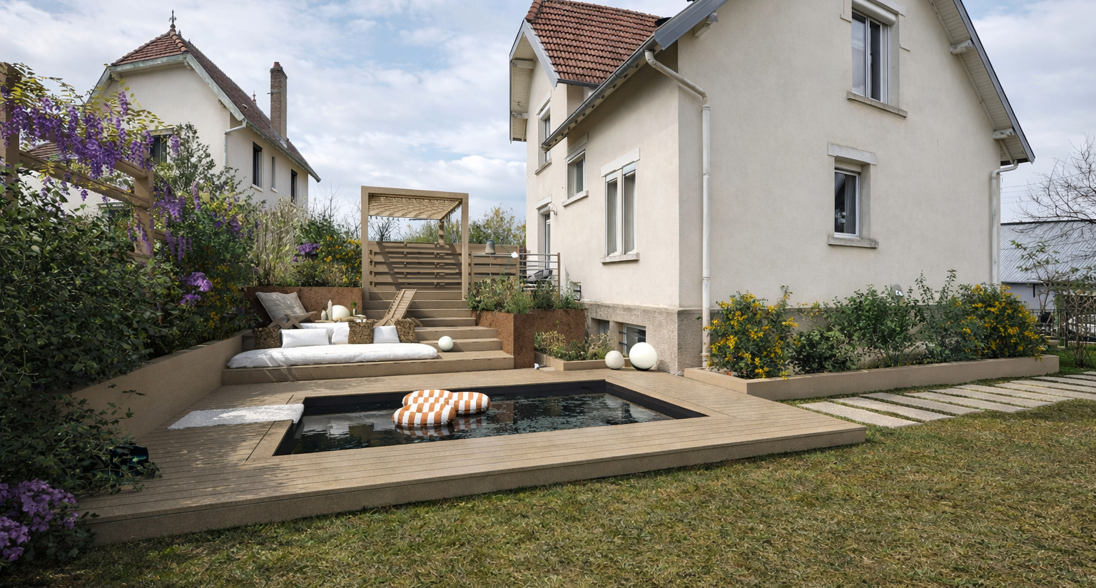 Aménagements paysagers, création d'une terrasse et d'une piscine pour une maison de ville / CFU