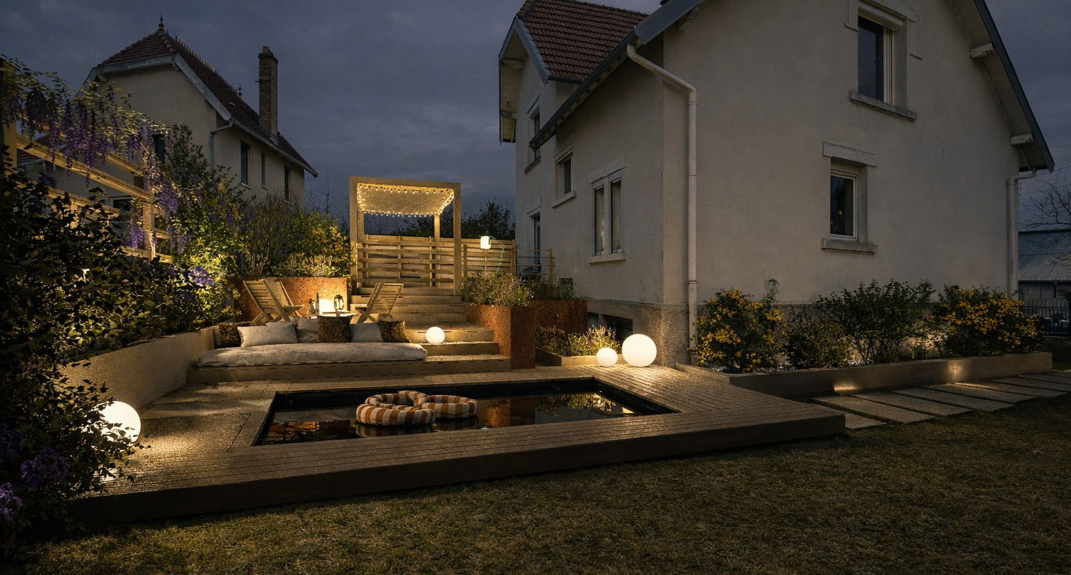 Aménagements paysagers, création d'une terrasse et d'une piscine pour une maison de ville / CFU