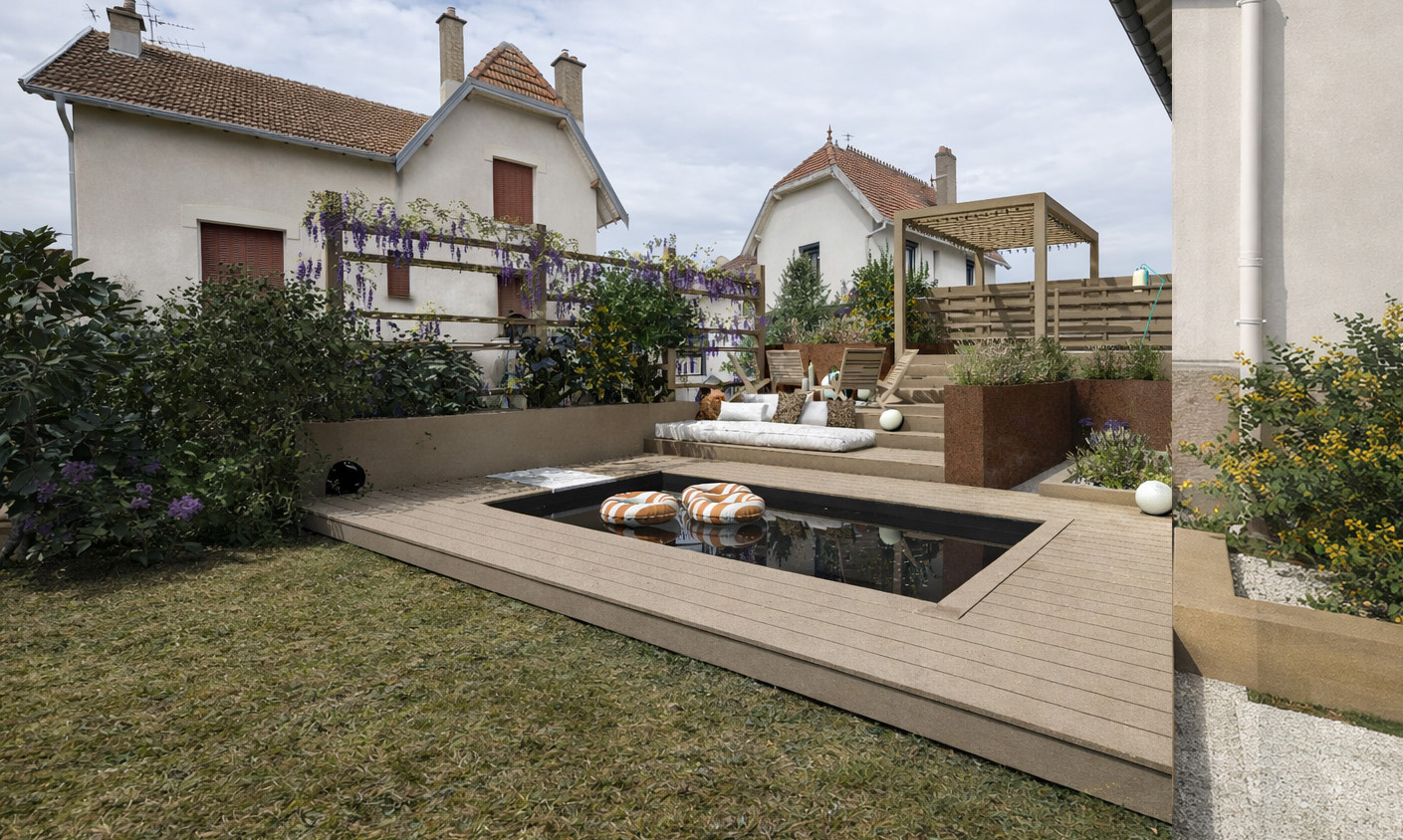 Aménagements paysagers, création d'une terrasse et d'une piscine pour une maison de ville / CFU