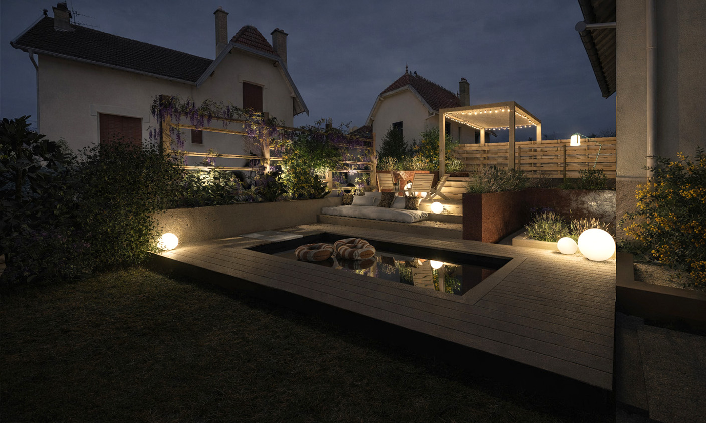 Aménagements paysagers, création d'une terrasse et d'une piscine pour une maison de ville / CFU