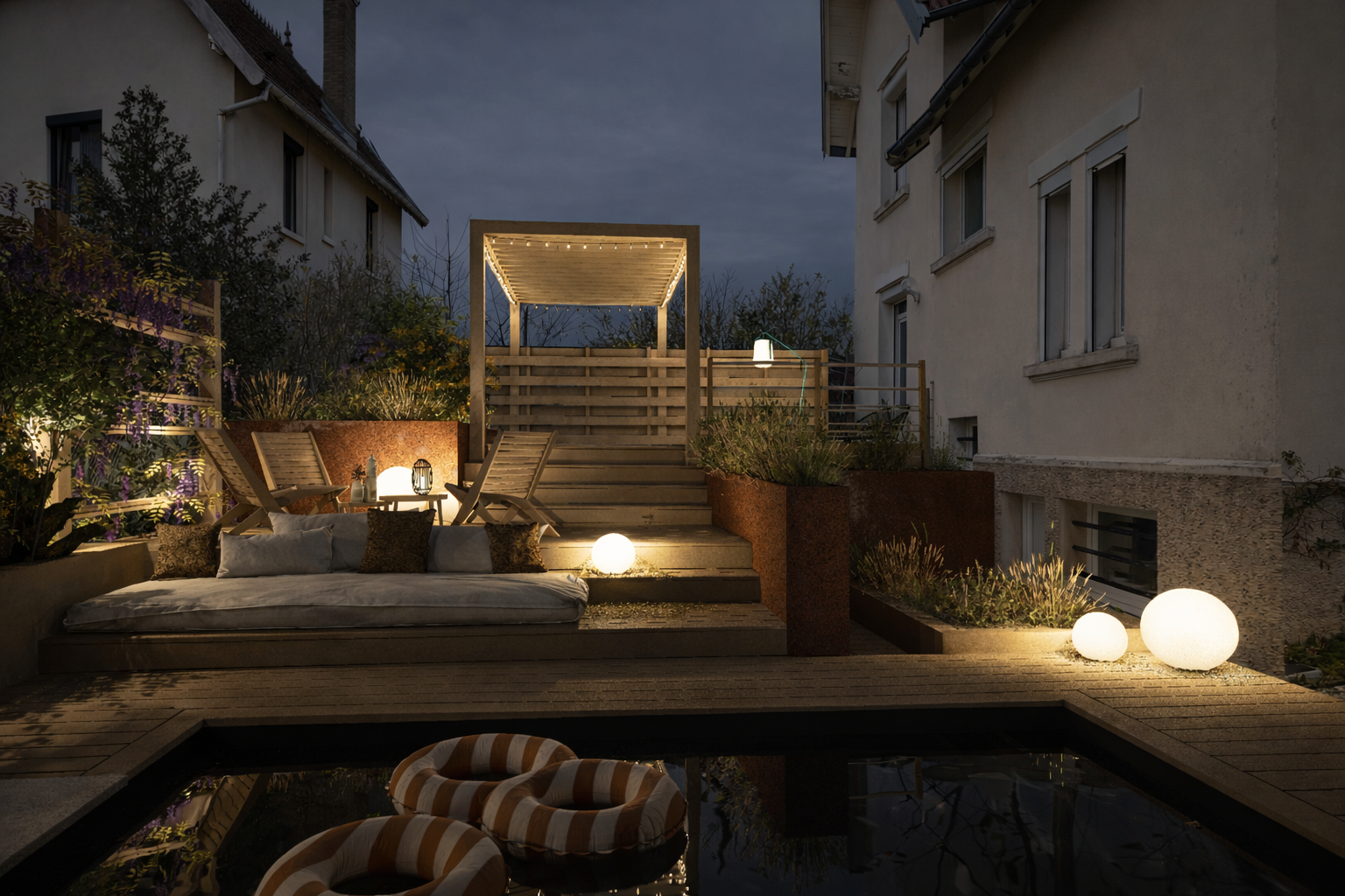 Aménagements paysagers, création d'une terrasse et d'une piscine pour une maison de ville / CFU